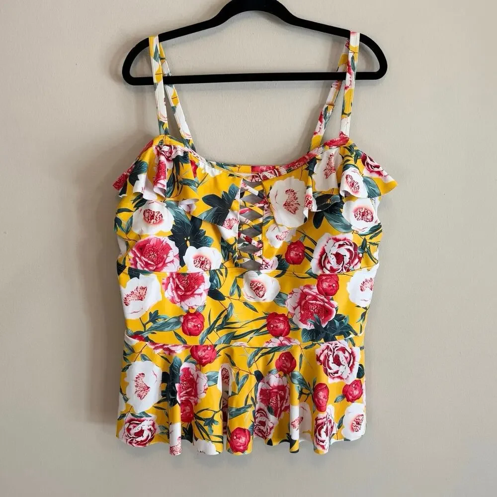 Womens‎ Yellow Floral Print Ruffle High Waist Bikini Set Swimwear 3XL